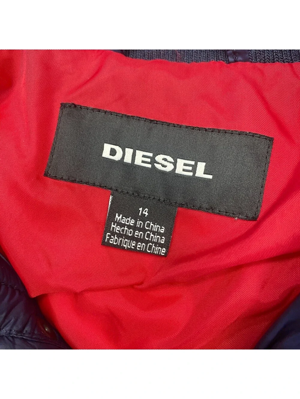 Diesel Full Zip Snap Puffer Jacket Youth Size 14 Blue Red Colorblock Nylon Shell